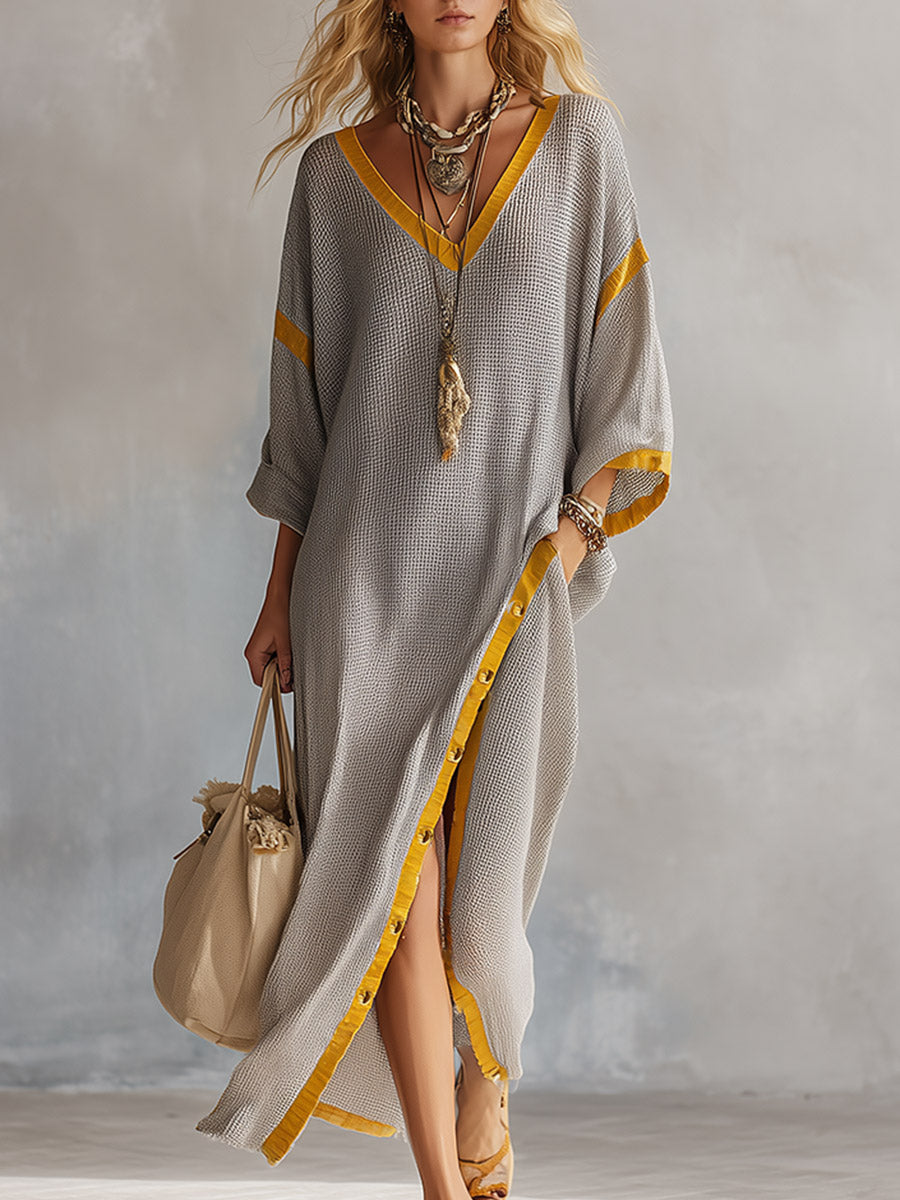 Retro-Elegant Color-Contrast Trim Light Gray Waffle-Knit Maxi Dress