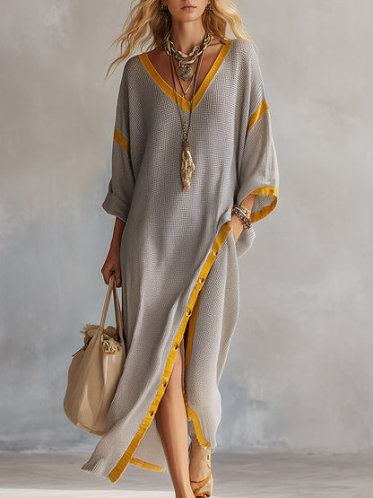 Retro-Elegant Color-Contrast Trim Light Gray Waffle-Knit Maxi Dress