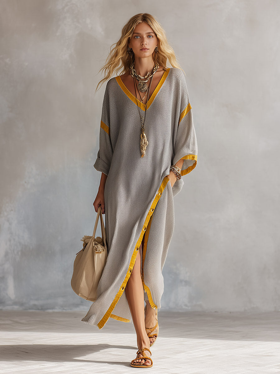 Retro-Elegant Color-Contrast Trim Light Gray Waffle-Knit Maxi Dress