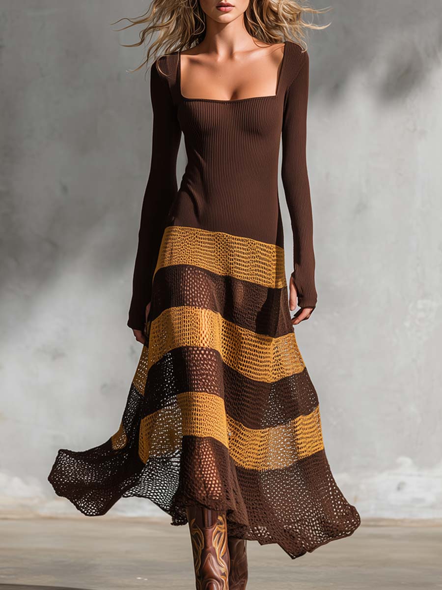 Retro Boho Brown Color-Block Open-Knit Square-Neck Long-Sleeve Maxi Dress