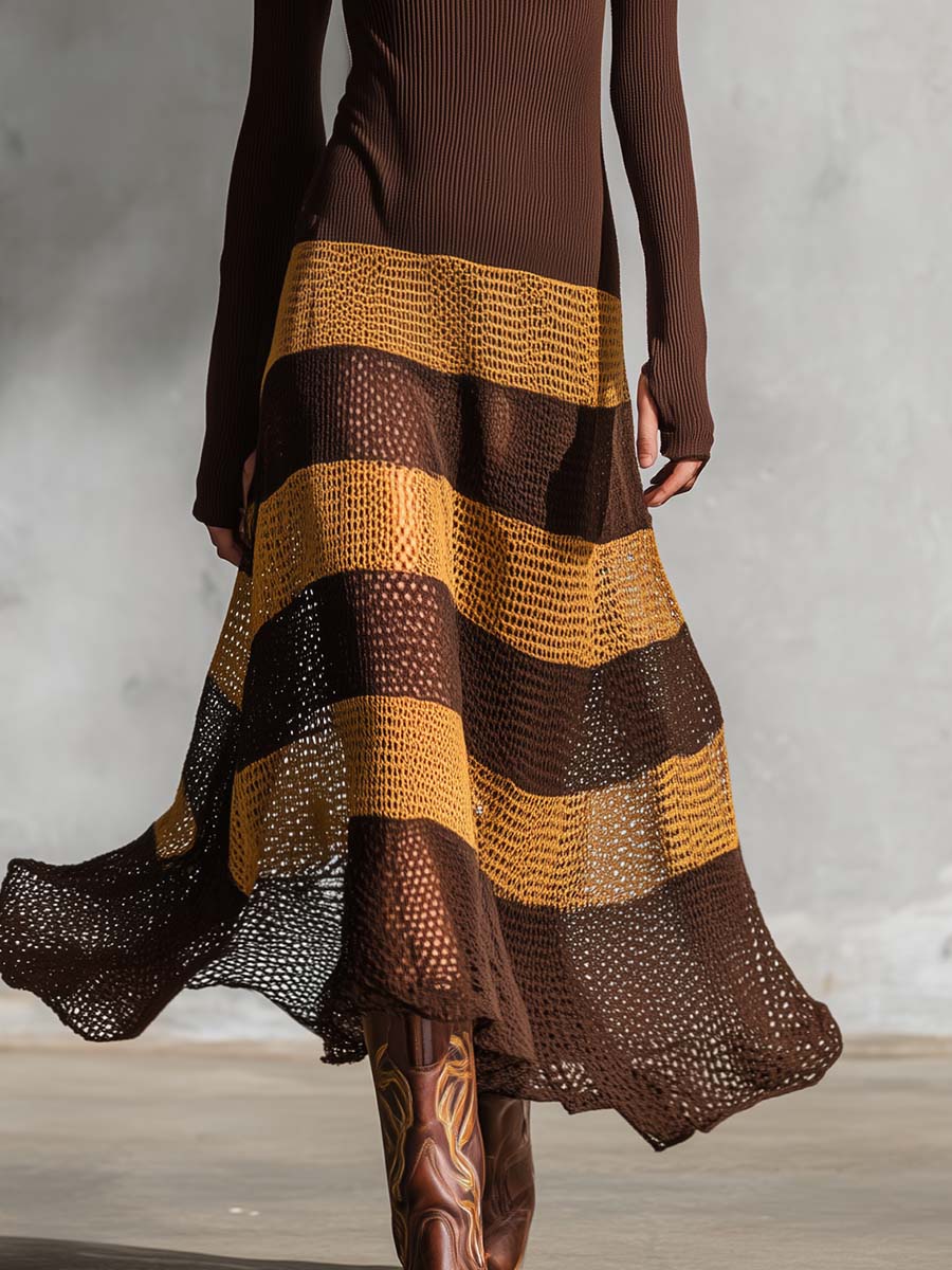 Retro Boho Brown Color-Block Open-Knit Square-Neck Long-Sleeve Maxi Dress