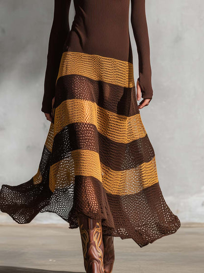 Retro Boho Brown Color-Block Open-Knit Square-Neck Long-Sleeve Maxi Dress