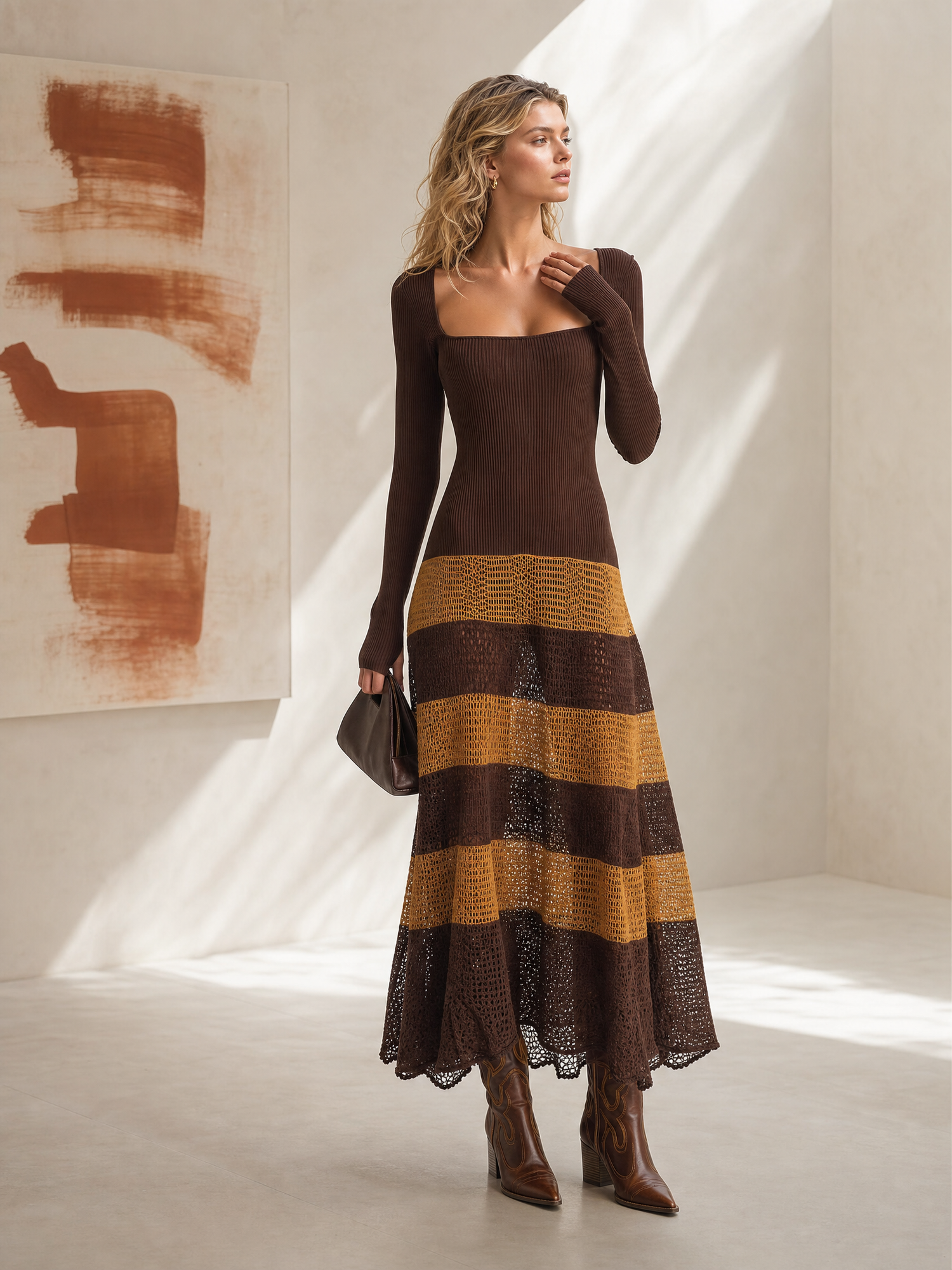 Retro Boho Brown Color-Block Open-Knit Square-Neck Long-Sleeve Maxi Dress