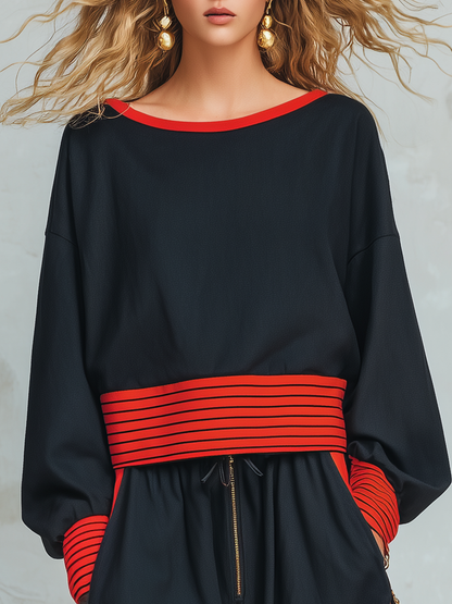 Retro-casual Elegant Western-style Black Set With Red Striped Panels