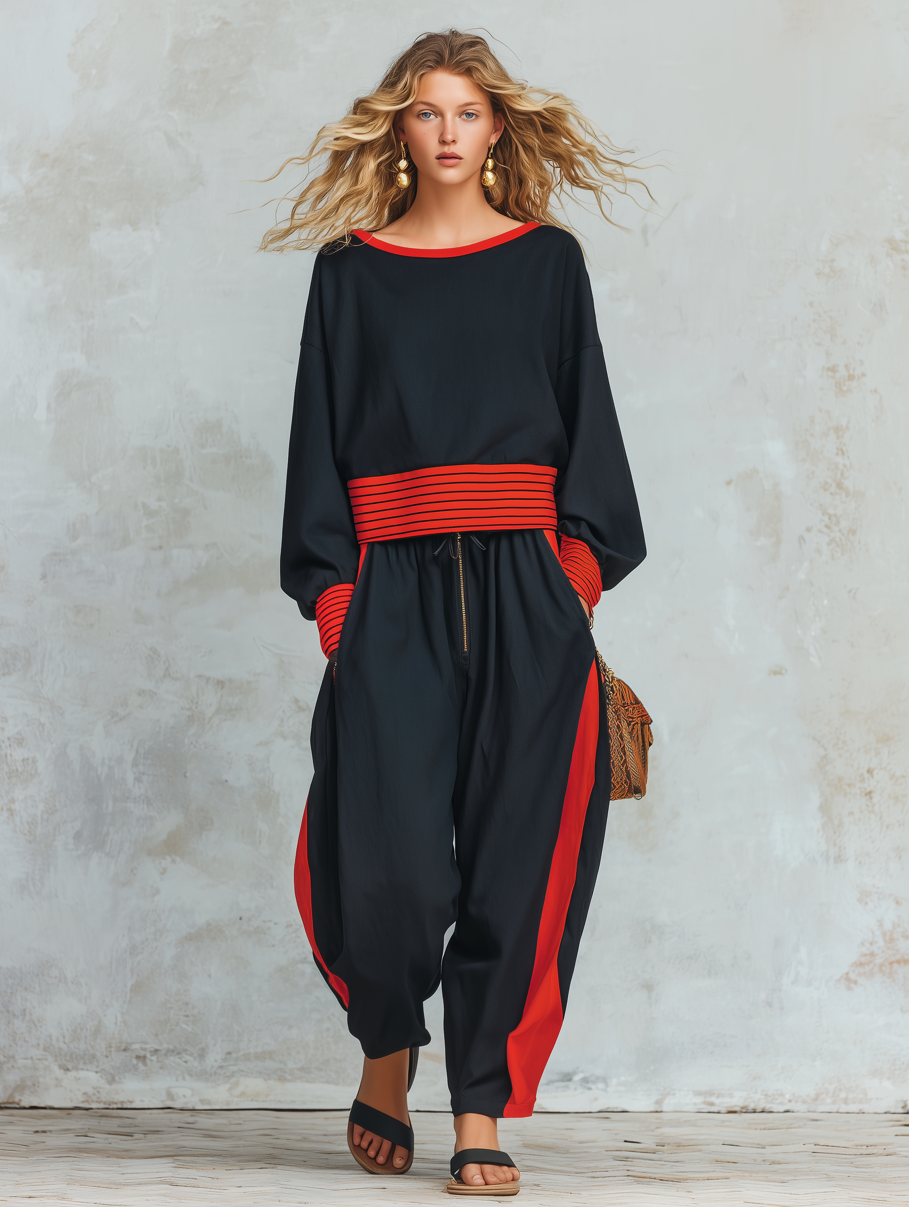 Retro-casual Elegant Western-style Black Set With Red Striped Panels
