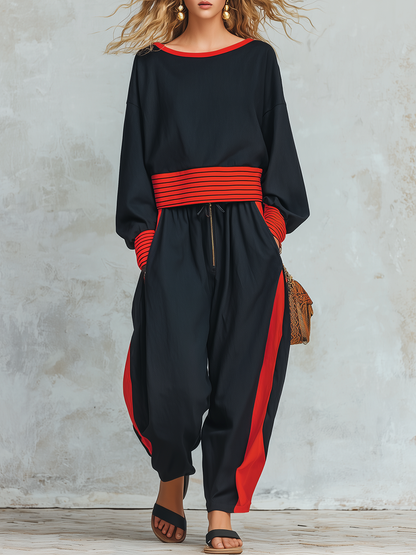Retro-casual Elegant Western-style Black Set With Red Striped Panels
