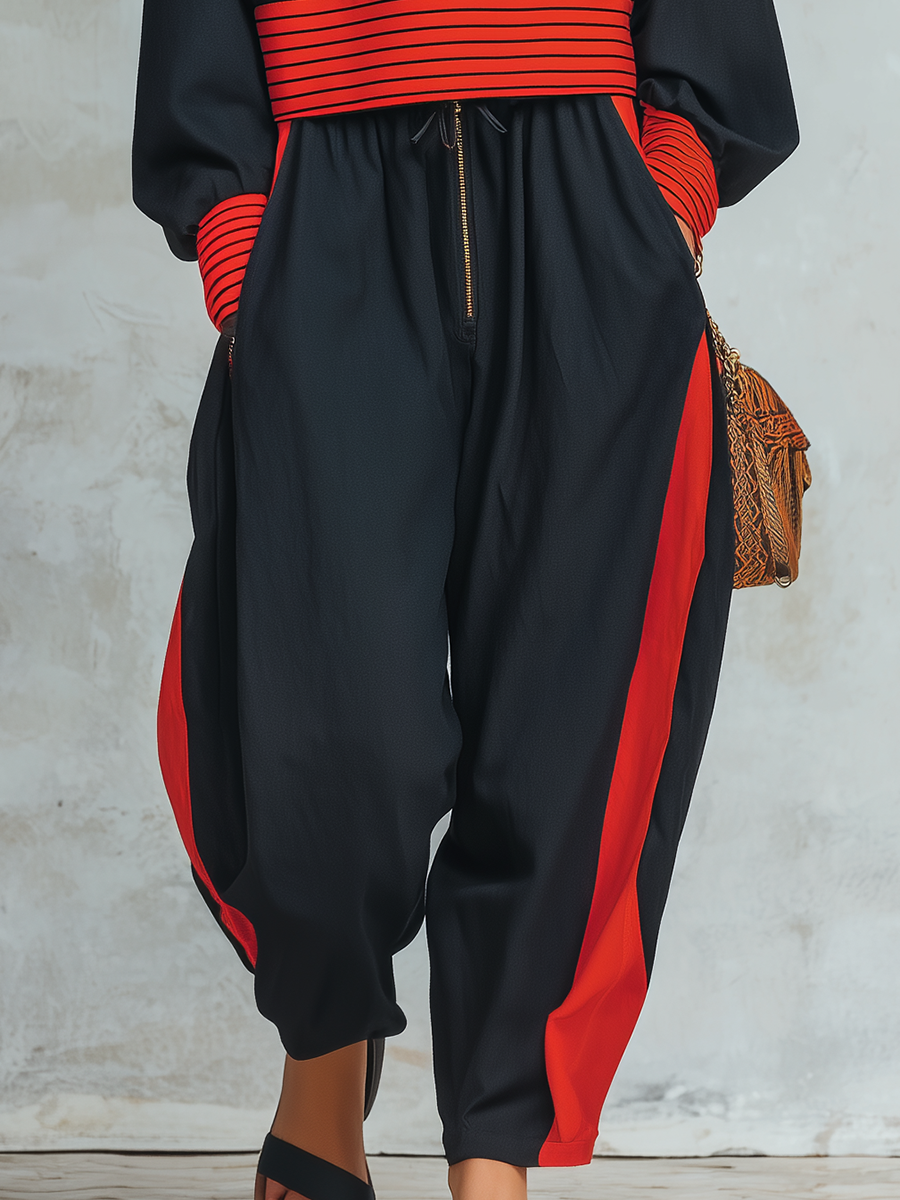 Retro-casual Elegant Western-style Black Set With Red Striped Panels