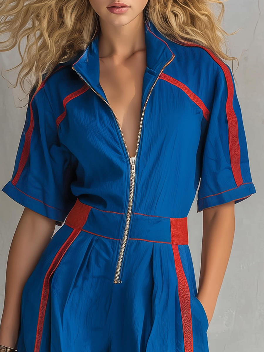Retro-casual Elegant Western-style Blue Jumpsuit With Red Striped Paneling