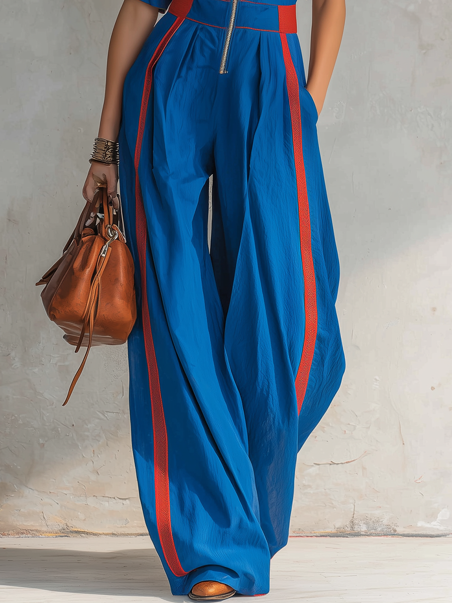 Retro-casual Elegant Western-style Blue Jumpsuit With Red Striped Paneling