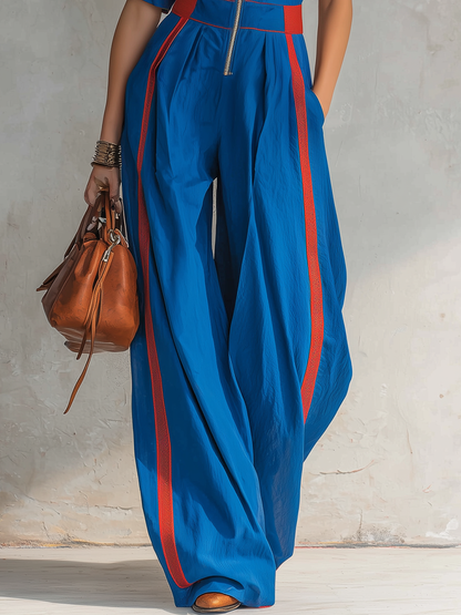 Retro-casual Elegant Western-style Blue Jumpsuit With Red Striped Paneling