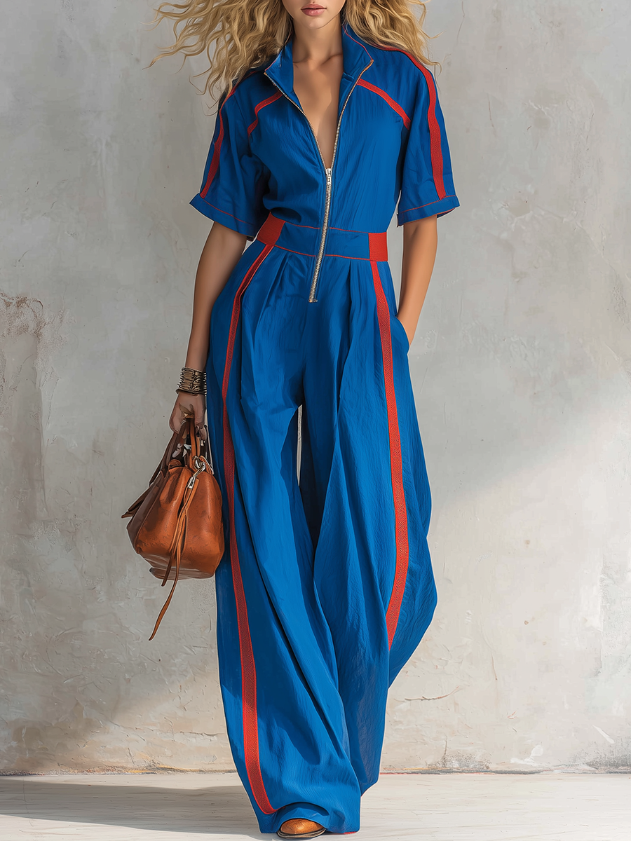 Retro-casual Elegant Western-style Blue Jumpsuit With Red Striped Paneling