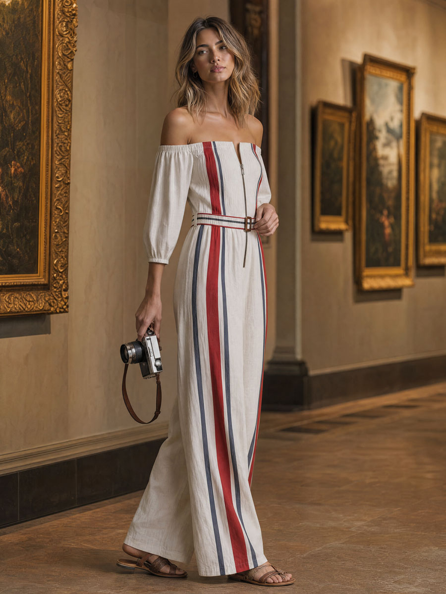 Retro Color-blocked Striped White Off-shoulder Cotton And Linen Jumpsuit