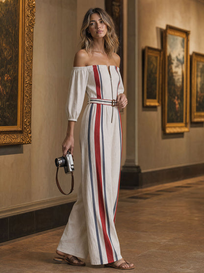 Retro Color-blocked Striped White Off-shoulder Cotton And Linen Jumpsuit