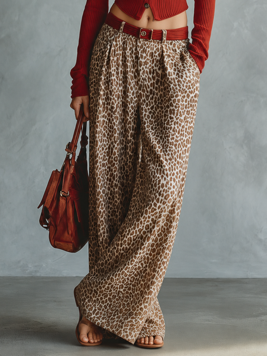 Retro-chic Western-style Red Knit Top And Cotton-blend Leopard Print Trousers Set