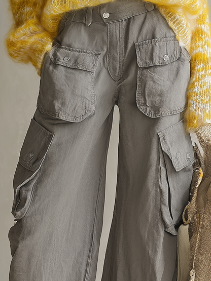 Vintage-style Casual-elegant Western-inspired Grey Cotton-blend Utility Trousers