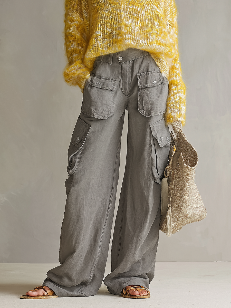 Vintage-style Casual-elegant Western-inspired Grey Cotton-blend Utility Trousers