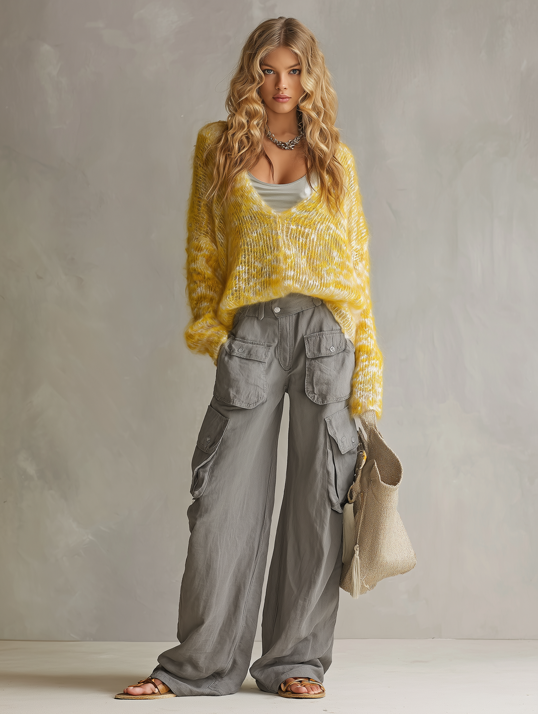 Vintage-style Casual-elegant Western-inspired Grey Cotton-blend Utility Trousers