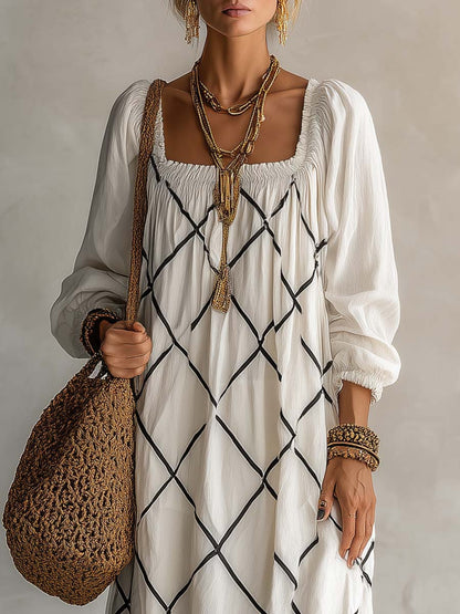 Boho White Geometric Print Cotton-Linen Square-Neck Long-Sleeve Maxi Dress
