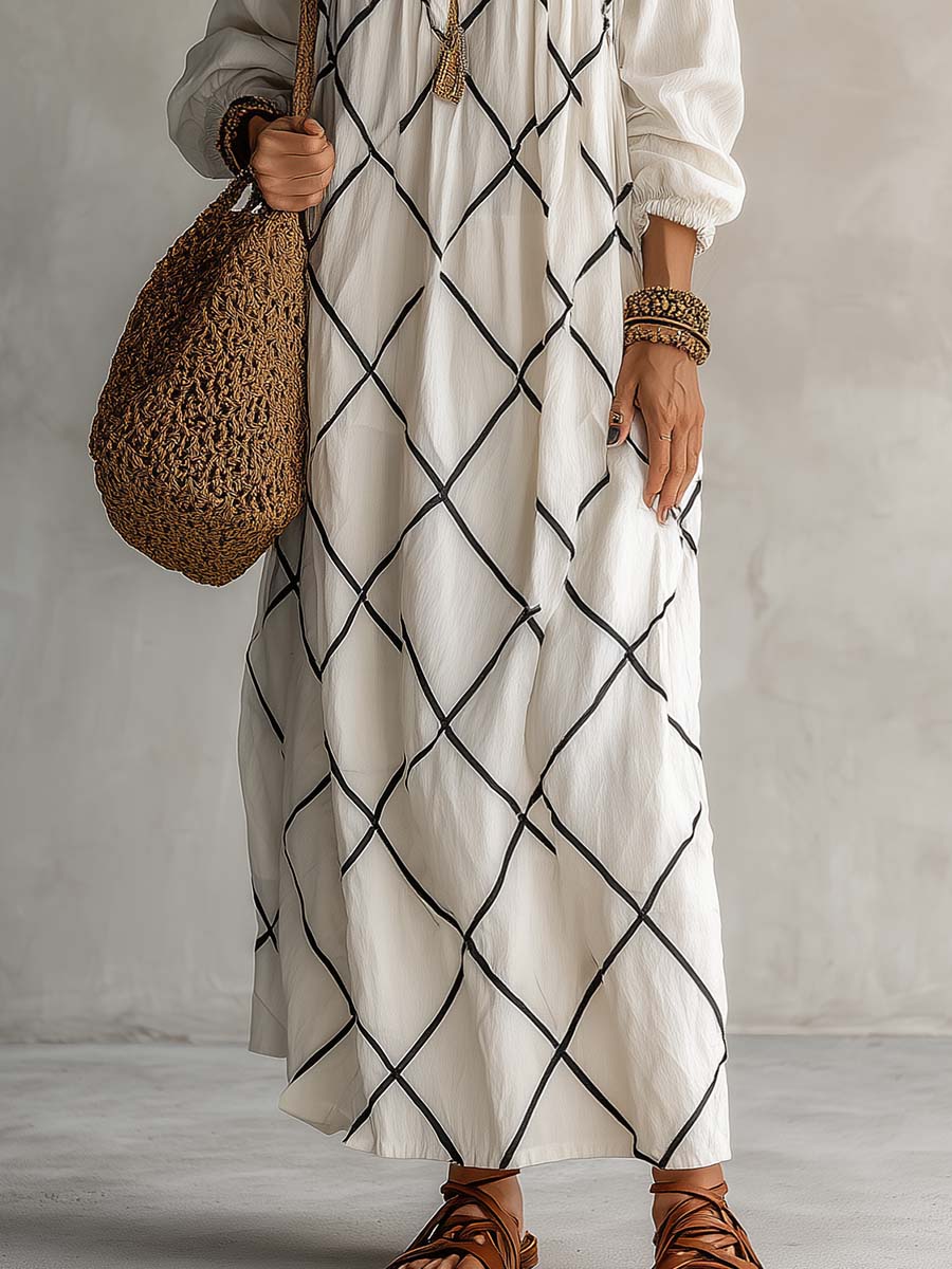 Boho White Geometric Print Cotton-Linen Square-Neck Long-Sleeve Maxi Dress