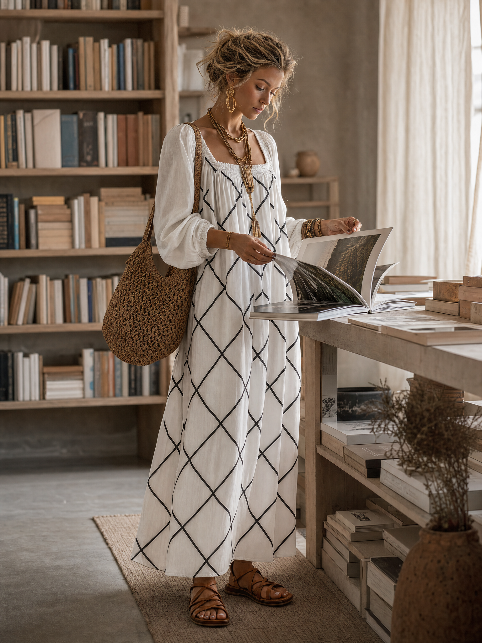 Boho White Geometric Print Cotton-Linen Square-Neck Long-Sleeve Maxi Dress