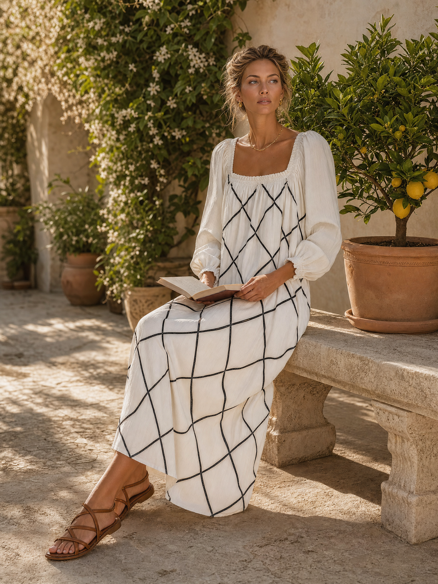 Boho White Geometric Print Cotton-Linen Square-Neck Long-Sleeve Maxi Dress