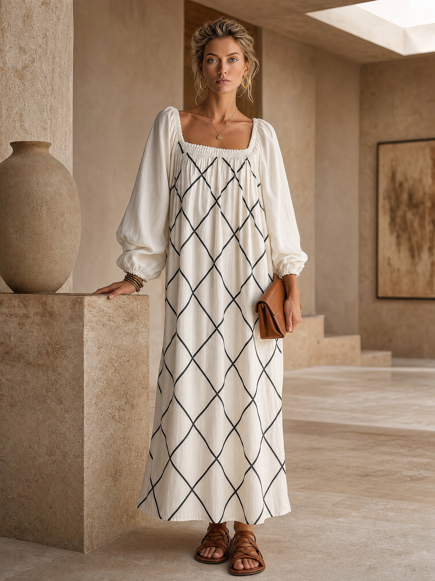 Boho White Geometric Print Cotton-Linen Square-Neck Long-Sleeve Maxi Dress