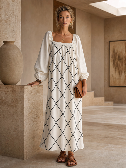 Boho White Geometric Print Cotton-Linen Square-Neck Long-Sleeve Maxi Dress