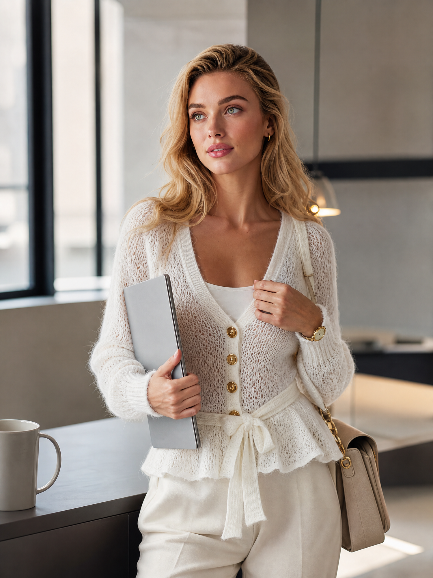 Romantic White Mohair Open-Knit Deep-V Gold-Button Tie-Waist Peplum Top