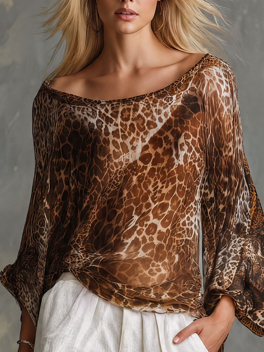 Vintage Brown Leopard Print Chiffon Top And White Cotton Linen Pants Set
