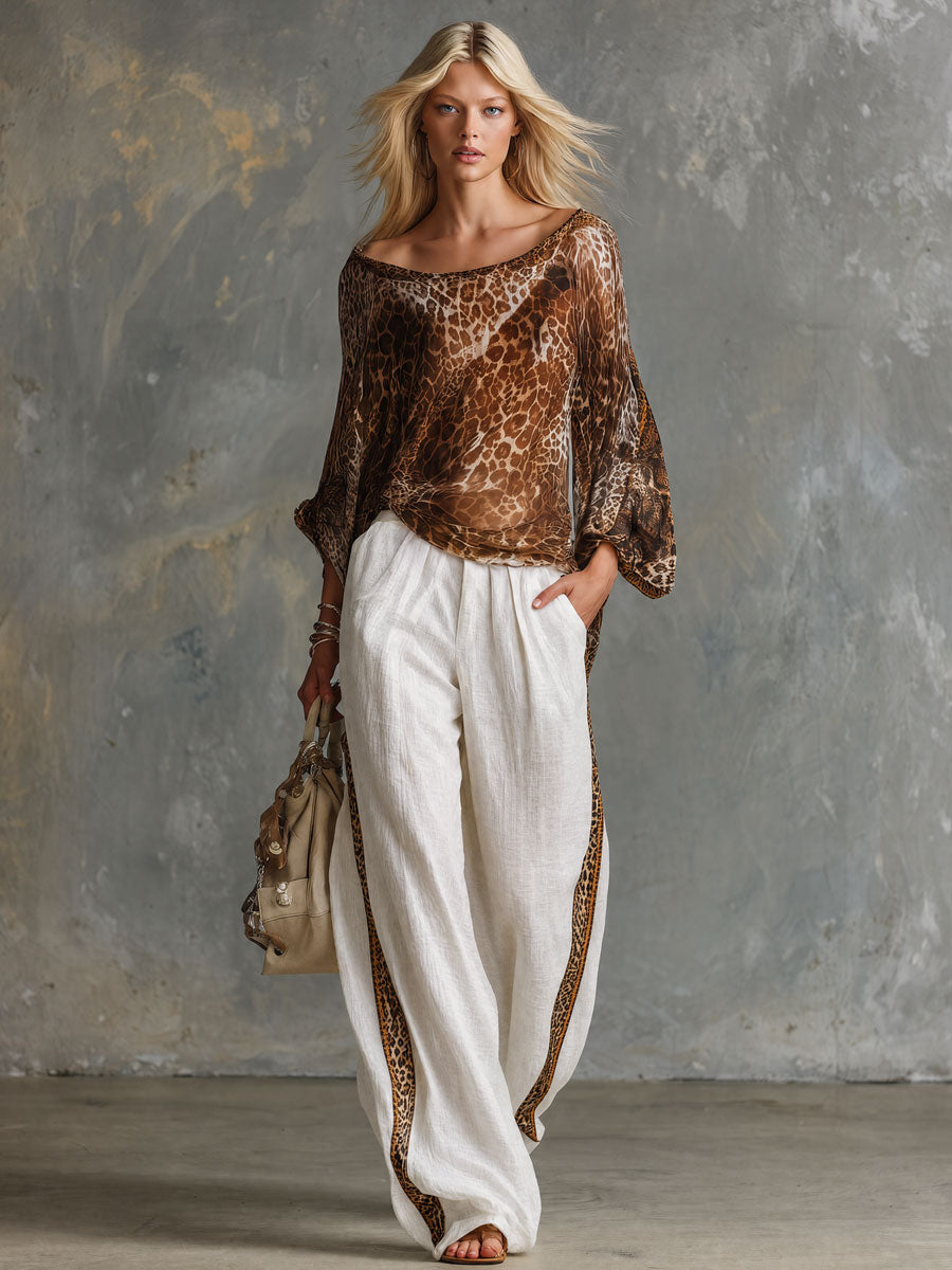 Vintage Brown Leopard Print Chiffon Top And White Cotton Linen Pants Set