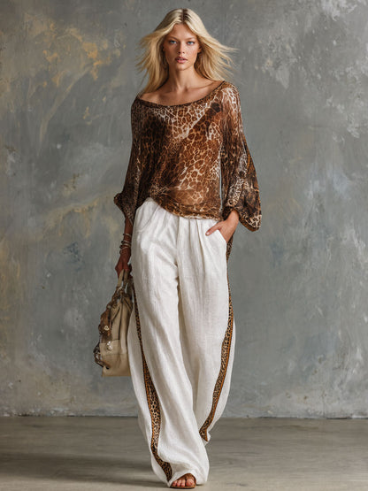 Vintage Brown Leopard Print Chiffon Top And White Cotton Linen Pants Set