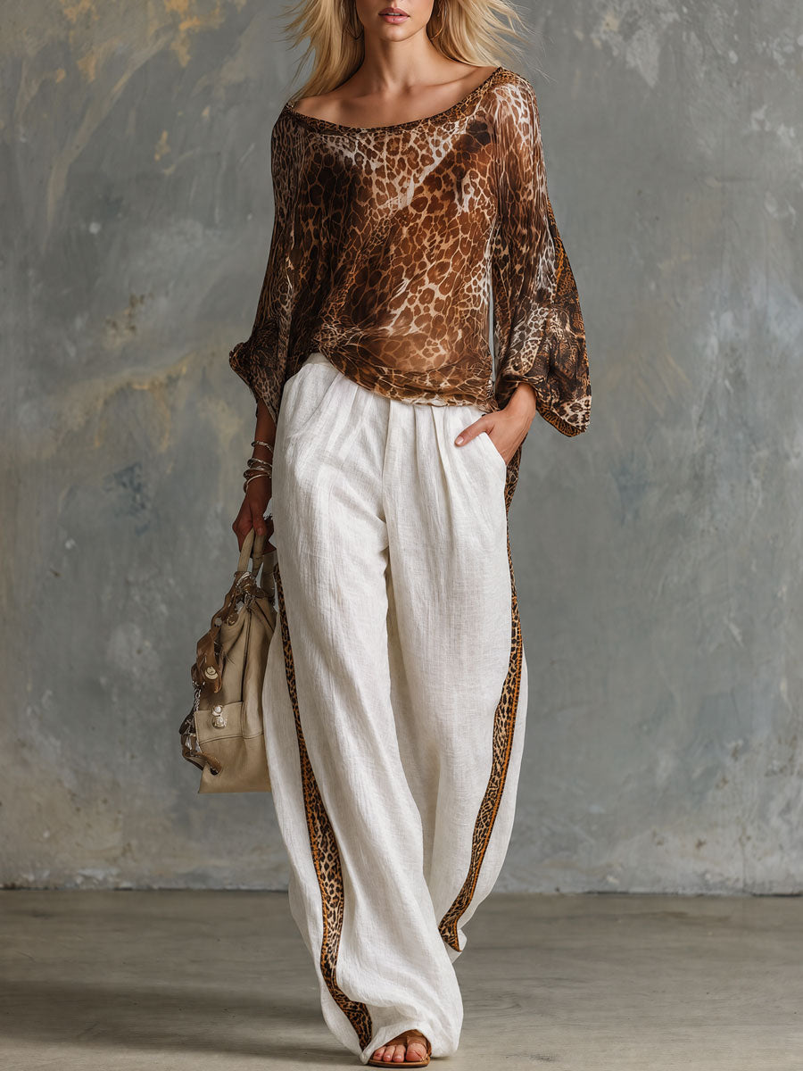 Vintage Brown Leopard Print Chiffon Top And White Cotton Linen Pants Set
