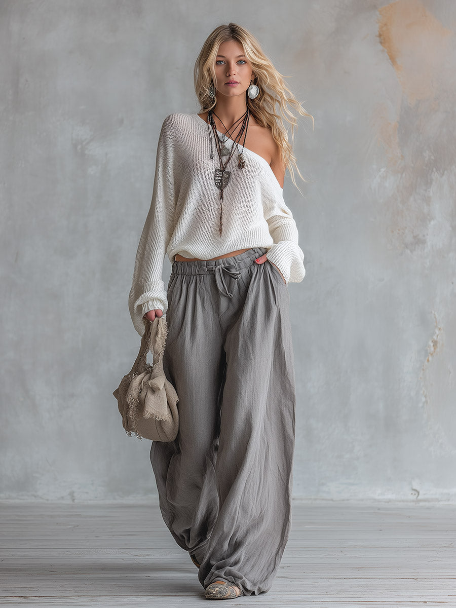 Urban Minimalism White Knitted One-shoulder Top And Grey Cotton-linen Wide-leg Trousers Set