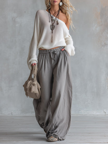 Urban Minimalism White Knitted One-shoulder Top And Grey Cotton-linen Wide-leg Trousers Set