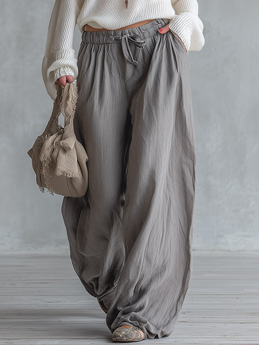 Urban Minimalism White Knitted One-shoulder Top And Grey Cotton-linen Wide-leg Trousers Set