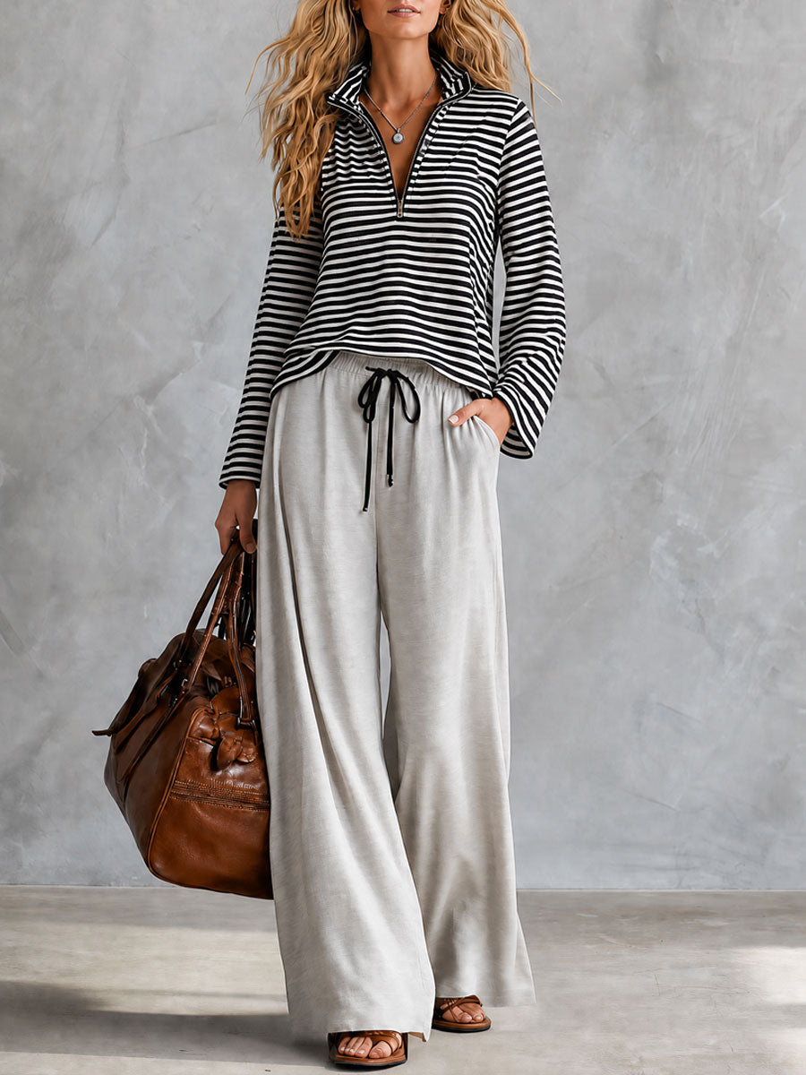 Sporty Retro Black And White Striped Half-zip Long-sleeved T-shirt And Wide-leg Pants Set
