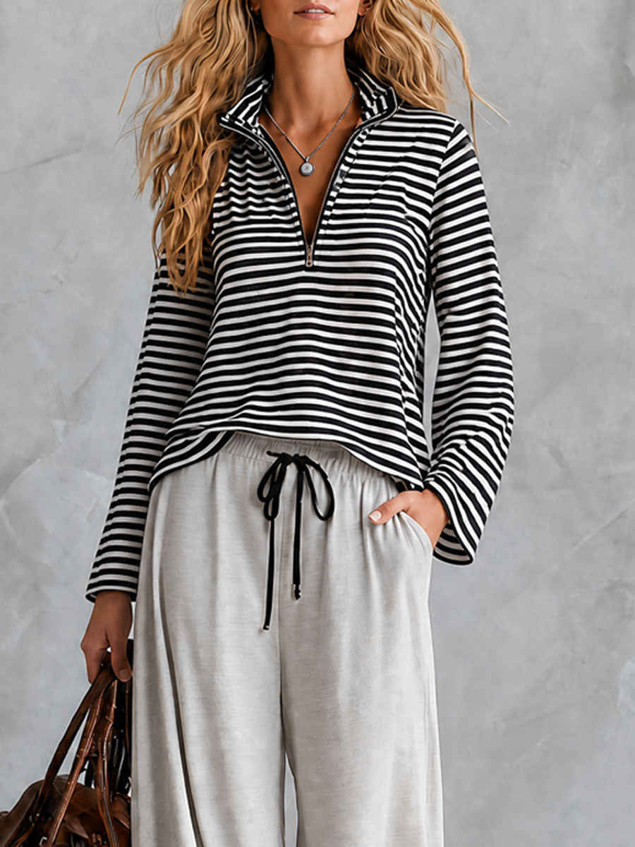 Sporty Retro Black And White Striped Half-zip Long-sleeved T-shirt And Wide-leg Pants Set