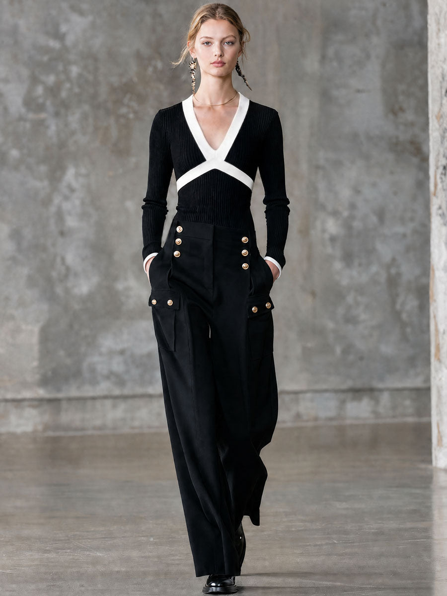 Fashionable Retro Black And White Knitted Long-sleeved Top And Multi-pocket Pants Set