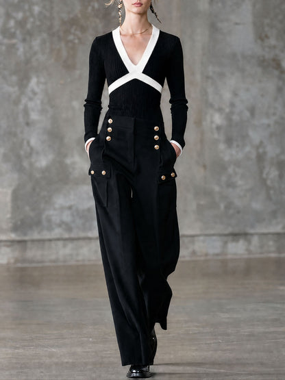 Fashionable Retro Black And White Knitted Long-sleeved Top And Multi-pocket Pants Set