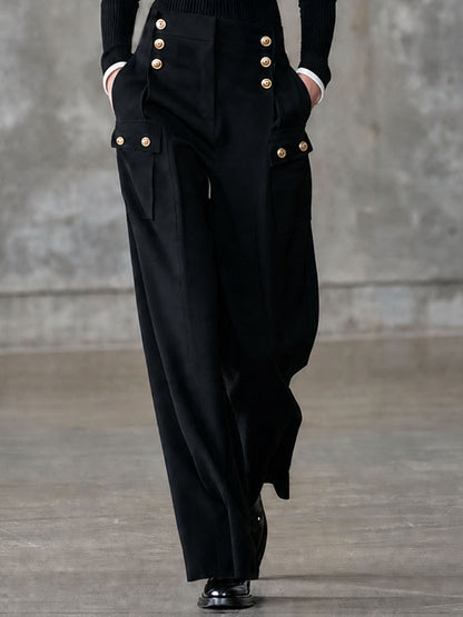Fashionable Retro Black And White Knitted Long-sleeved Top And Multi-pocket Pants Set