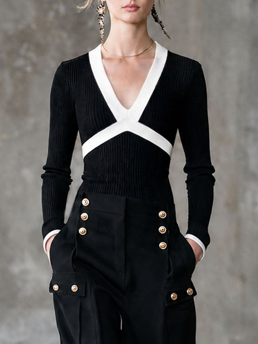 Fashionable Retro Black And White Knitted Long-sleeved Top And Multi-pocket Pants Set