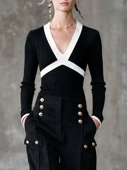 Fashionable Retro Black And White Knitted Long-sleeved Top And Multi-pocket Pants Set