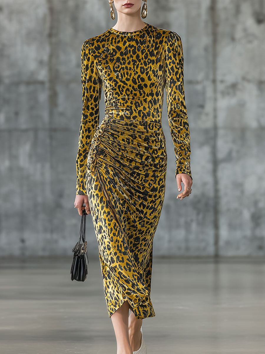 Fashionable Retro Pleated Leopard Print Gold Velvet Long-sleeved Midi Dress