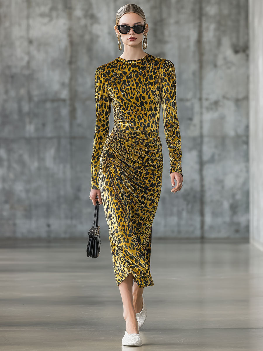 Fashionable Retro Pleated Leopard Print Gold Velvet Long-sleeved Midi Dress