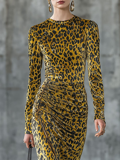 Fashionable Retro Pleated Leopard Print Gold Velvet Long-sleeved Midi Dress