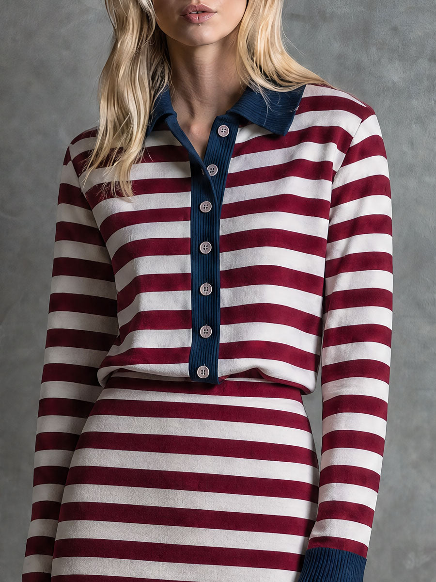 Casual Retro Color-blocked Red And White Striped Cotton T-shirt And Skirt Set