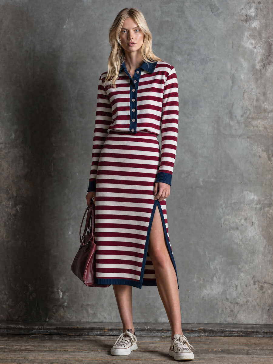 Casual Retro Color-blocked Red And White Striped Cotton T-shirt And Skirt Set