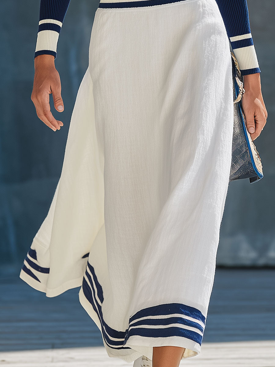 Casual Retro Blue Knit Top And White Cotton Linen Skirt Set