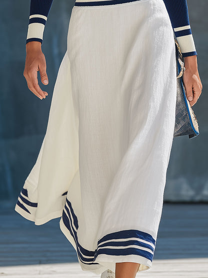 Casual Retro Blue Knit Top And White Cotton Linen Skirt Set