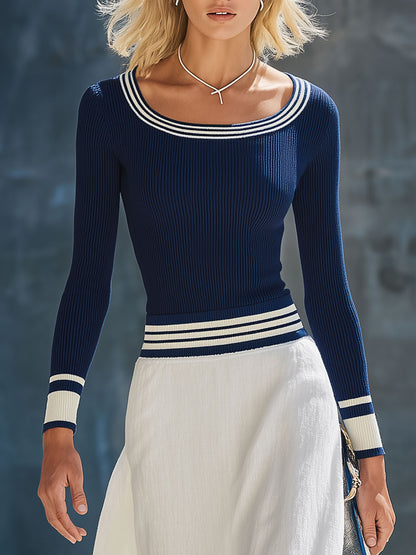 Casual Retro Blue Knit Top And White Cotton Linen Skirt Set